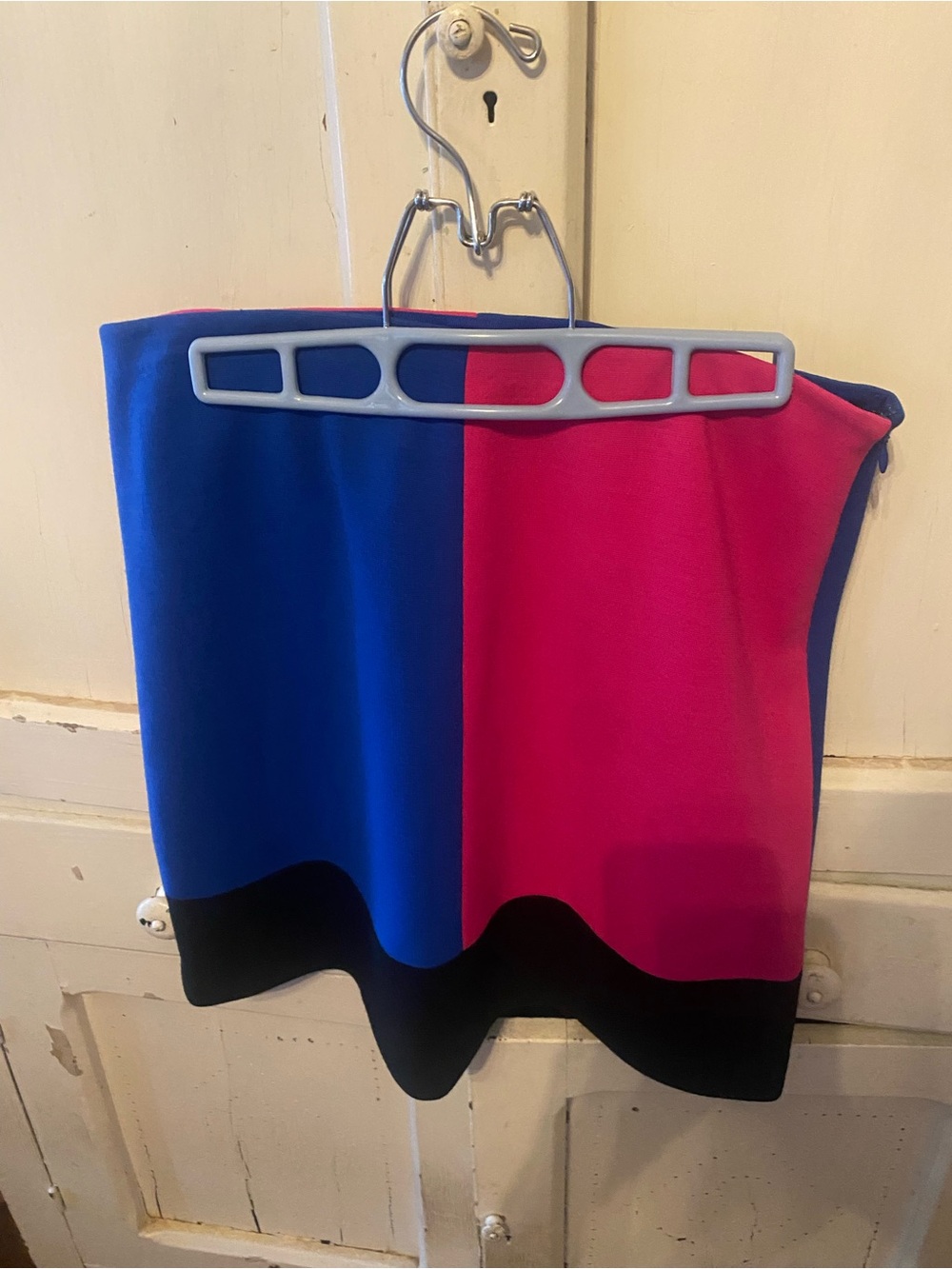Lisa Perry Blue and Pink Colorblock A-Line Mini Skirt with Black Trim